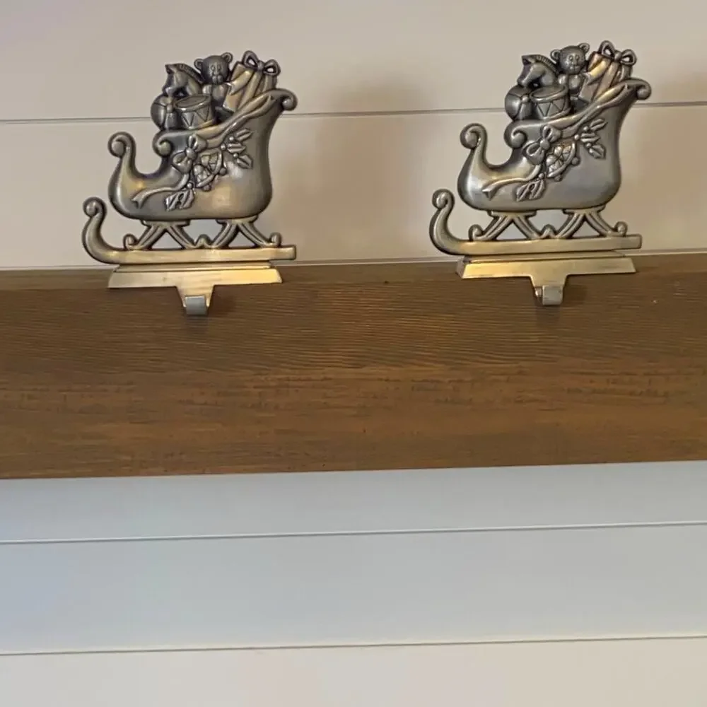 Set of 2 Santa's Sleigh Pewter Finish Christmas Stocking Hanger Hook Santa Claus